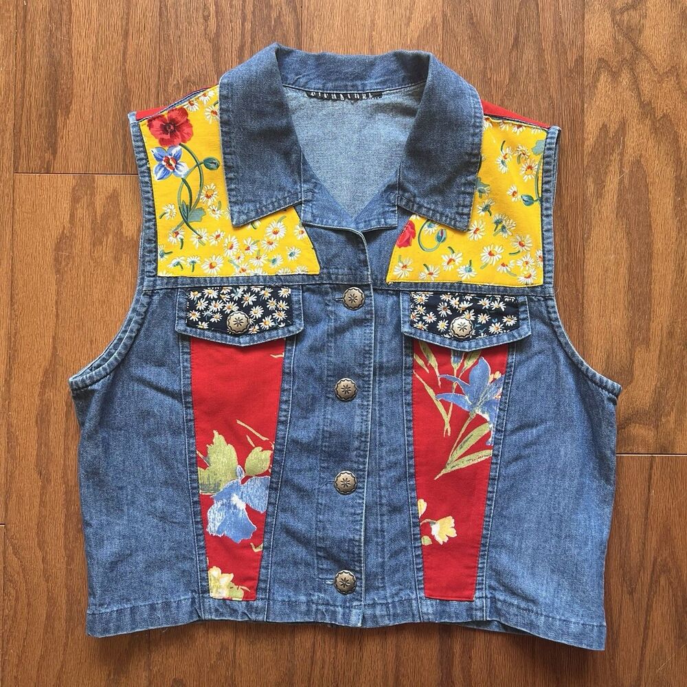 Denim Floral Patchwork Sleeveless Jacket - Blue, Yellow & Red